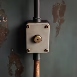 a wooden handle and metal frame on a green wall