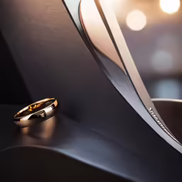 an unique, yellow - gold ring sits on a surface with a light reflecting on it