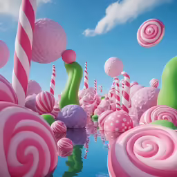 some pink and green candy land by the water