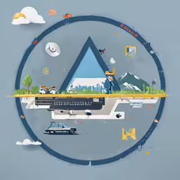 illustration of various objects in a shape of an triangle,various vehicles traveling through a circular area in the sky