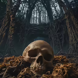 an animal skull laying in the middle of the woods