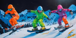 three people wearing ski suits skiing down a snowy slope