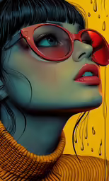 woman in glasses with yellow background and red lipstick
