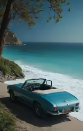 there is a turquoise car parked at the shore
