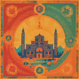 an image of a large building in the background,a colorful poster with a picture of a building