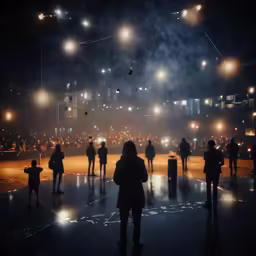 people stand on the street watching fireworks at night