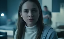 the girl is staring with a serious look on her face
