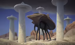 a giant insect hides in between several white pillars