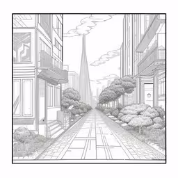 an ink painting of a street with buildings and trees,a black and white illustration of a city street