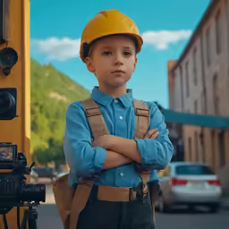 boy posing for photograph with camera near construction site
