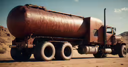 a big red semi truck sits in a desert,a very large rusty old tanker truck on the road