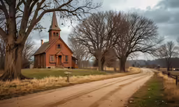 an old red wooden church stands in the middle of a dirt road