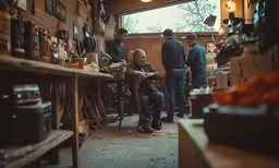 a man sitting in a workshop with another man next to him