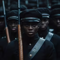 a woman with a rifle on her head standing in front of a group of men