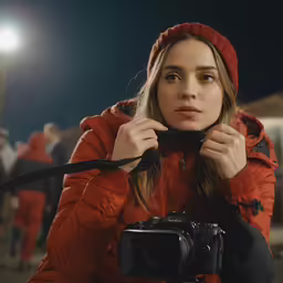a woman with a camera taking a picture at night