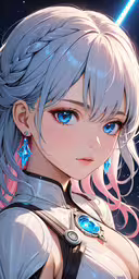 a young girl with blue eyes and white hair in front of a star filled sky
