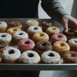 a person picking up a plate of freshly baked doughnuts