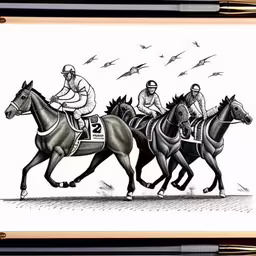 a drawing of some horses racing and a man on one of them,two men on horses racing with the birds flying above