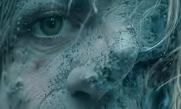 a woman has her face covered in mud and water