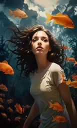 a girl standing among a flock of fish