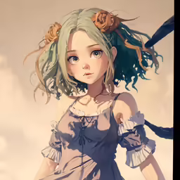 an anime character wearing blue dress looking back with hair blowing