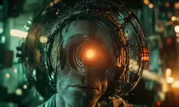 a person wearing a space costume with a light shining through their eyes