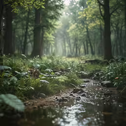 an image of a stream in the forest with fog