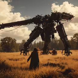 two people and two large, robotic robots in a wheat field