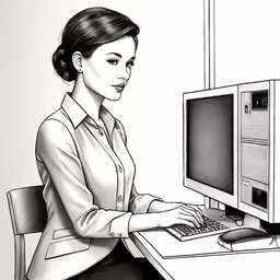 a woman sitting in front of a computer with a drawing on it