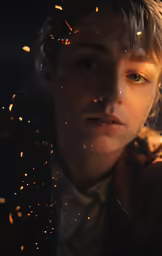 a boy in a brown jacket with a lot of sparks