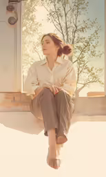 a woman sits by a window looking into the distance