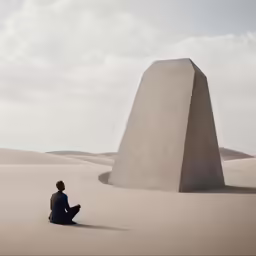 a man sitting on the ground looking at a large rock