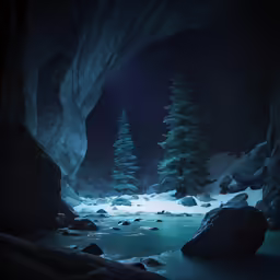 an ice cave is shown with trees in the snow