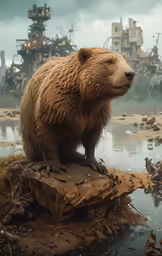 a brown bear sitting on top of a dirty surface