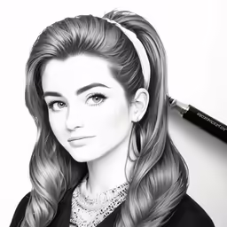 a portrait drawing of a woman with a ponytail in a black top