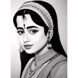 an indian woman wearing a head piece with her face painted in black and white