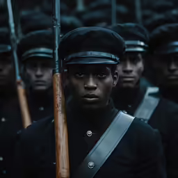 a man is holding a rifle with others behind him