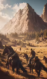 a few men riding horses in an open field