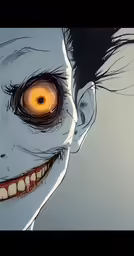 a creepy anime character is shown with the eyes glowing