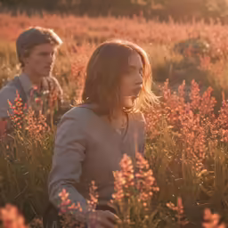 two people walk through a field full of flowers
