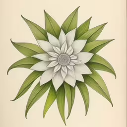 a flower is depicted in a book,a drawing of a large white flower with green leaves