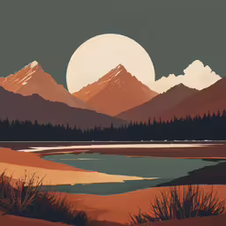 a mountain range in front of a lake and trees,a beautiful landscape with the setting sun behind some mountains