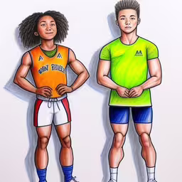 a drawing of two men with different colored shirts,two drawings of two men with no shirts
