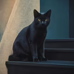 a black cat sitting on top of some steps