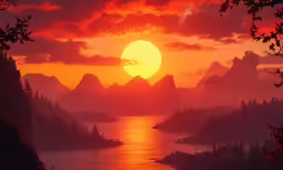 a beautiful sunset near some mountains with water and trees