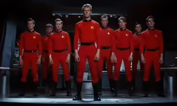several men in red uniforms are posing for the camera