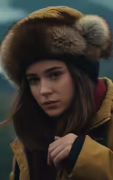 a young woman wearing a brown coat and a fur hat
