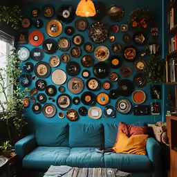 wall full of many various plates and a couch