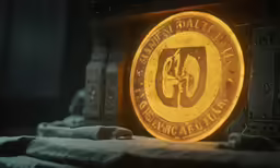 an illuminated logo inside of a dark room