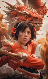 a young woman is dressed in an orange outfit and holds a bow as she poses with two